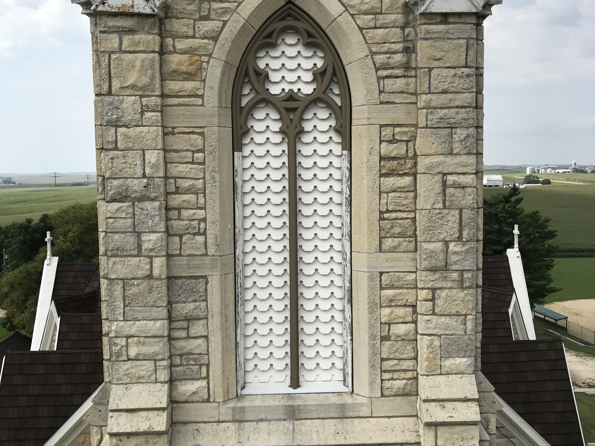 Original tower window at Sts Peter & Paul Church