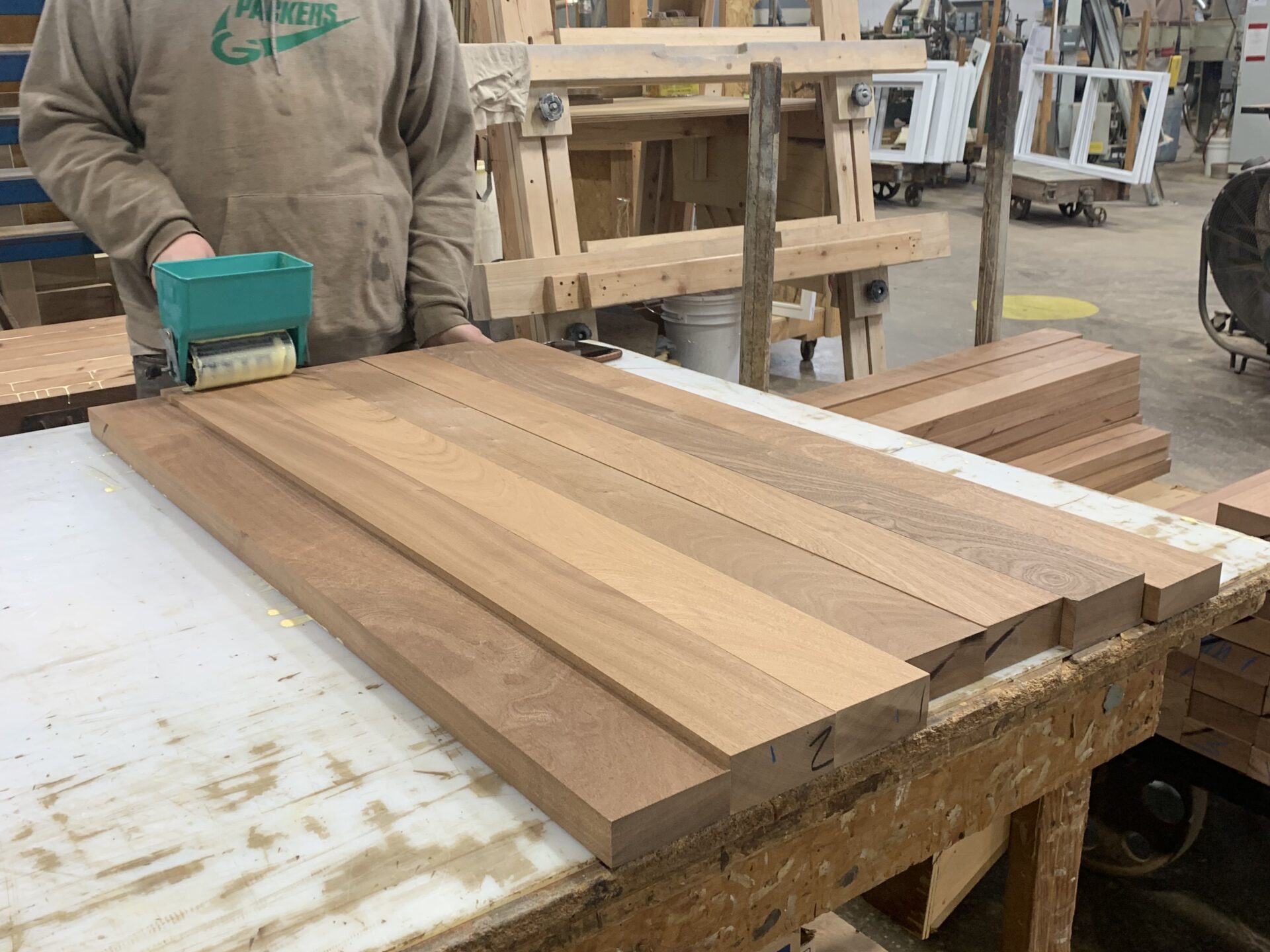 Gluing up mahogany to create stair tread